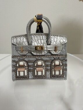 Mini Silver Grey House Bag Charm Velvet Texture Patent Croc Flap Cute Purse